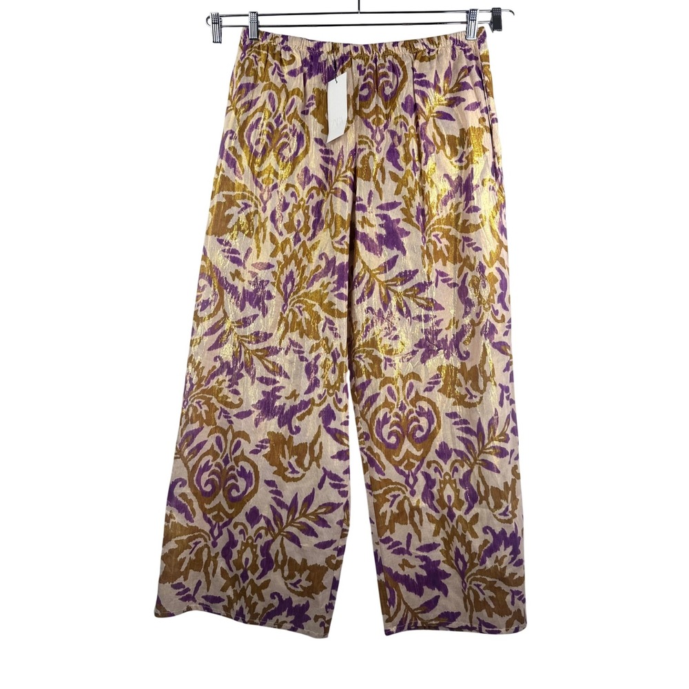 Zara Wide Leg Pants sz XL Purple Gold Metallic Jacquard Damask boho cocktail